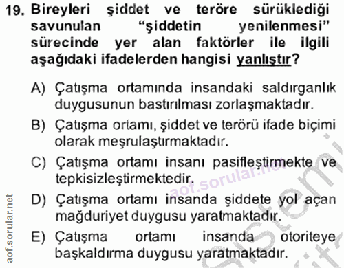 19. soru: Bireyleri şiddet ve teröre sürüklediği savunulan "şiddetin yenilenmesi" sürecinde yer alan faktörler ile ilgili aşağı…