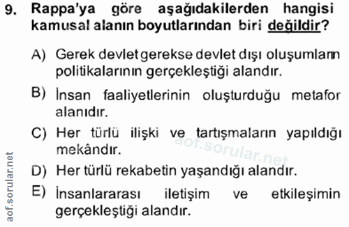 9. soru: Rappa'ya göre aşağıdakilerden hangisi kamusal alanın boyutlarından biri değildir? A) Gerek devleterekse devlet dışı o…