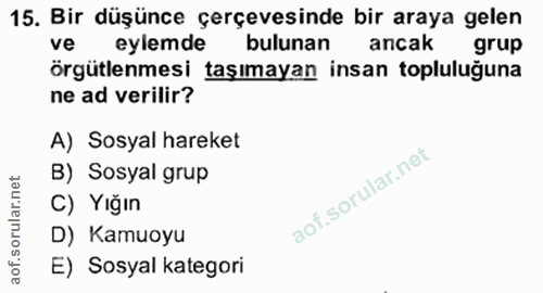 15. soru: Bir düşünce çerçevesinde bir araya gelen ve eylemde bulunan ancak grup örgütlenmesi taşımayan insan topluluğuna ne ad…
