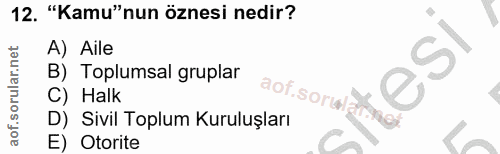 12. soru: "Kamu"nun öznesi nedir? A) Aile B) Toplumsal gruplar C) Halk D) Sivil Toplum Kuruluşları E) Otorite