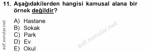 11. soru: Aşağıdakilerden hangisi kamusal alana bir örnek değildir? A) Hastane B) Sokak C) Park D) Ev E) Okul