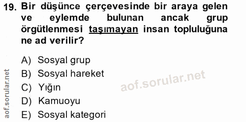 19. soru: Bir düşünce çerçevesinde bir araya gelen ve eylemde bulunan ancak grup örgütlenmesi taşımayan insan topluluğuna ne ad…