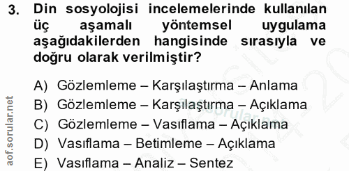 3. soru: Din sosyolojisi incelemelerinde kullanılan üç aşamalı yöntemsel uygulama aşağıdakilerden hangisinde sırasıyla ve doğr…