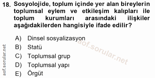 18. soru: Sosyolojide, toplum içinde yer alan bireylerin toplumsal eylem ve etkileşim kalıpları ile toplum kurumları arasindaki…