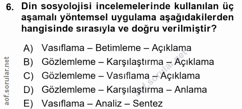 6. soru: Din sosyolojisi incelemelerinde kullanılan üç aşamalı yöntemsel uygulama aşağıdakilerden hangisinde sırasıyla ve doğr…