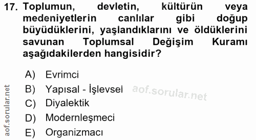 17. soru: Toplumun, devletin, kültürün veya medeniyetlerin canlilar gibi doğup büyüdüklerini, yaşlandıklarını ve öldüklerini sa…