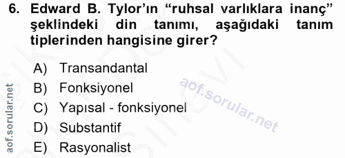 6. soru: Edward B. Tylor'ın "ruhsal varlıklara inanç" şeklindeki din tanımı, aşağıdaki tanim tiplerinden hangisine girer? A) T…