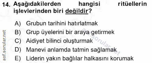 14. soru: Aşağıdakilerden hangisi ritüellerin işlevlerinden biri değildir? A) Grubun tarihini hatırlatmak B) Grup üyelerini bir…