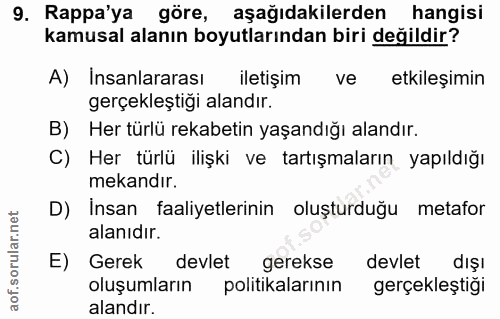 9. soru: Rappa'ya göre, aşağıdakilerden hangisi kamusal alanın boyutlarından biri değildir? A) İnsanlararası iletişim ve etkil…