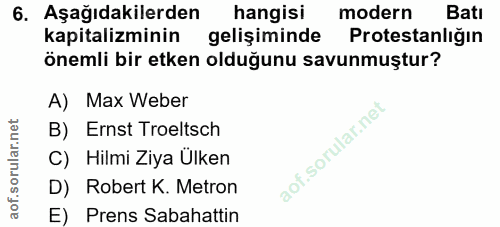 6. soru: Aşağıdakilerden hangisi modern Batı kapitalizminin gelişiminde Protestanliğın önemli bir etken olduğunu savunmuştur?…