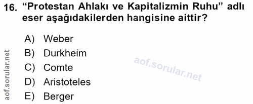16. soru: "Protestan Ahlakı ve Kapitalizmin Ruhu" adlı eser aşağıdakilerden hangisine aittir? A) Weber orular.net B) Durkheim C…