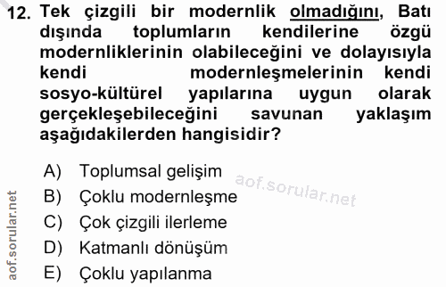 12. soru: Tek çizgili bir modernlik olmadığını, Batı dışında toplumların kendilerine özgü modernliklerinin olabileceğini ve dol…