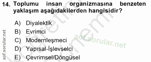 14. soru: Toplumu insan organizmasına benzeten yaklaşım aşağıdakilerden hangisidir? A) Diyalektik B) Evrimci C) Modernleşmeci D…
