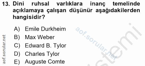 13. soru: Dini ruhsal varlıklara inanç temelinde açıklamaya çalışan düşünür aşağıdakilerden hangisidir? A) Emile Durkheim B) Ma…