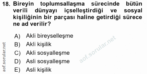 18. soru: Bireyin toplumsallaşma sürecinde bütün verili dünyayı içselleştirdiği ve sosyal kişiliğinin bir parçası haline getird…