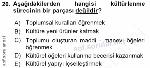 20. soru: Aşağıdakilerden hangisi kültürlenme sürecinin bir parçası değildir? A) Toplumsal kuralları öğrenmek B) Kültüre yeni ü…