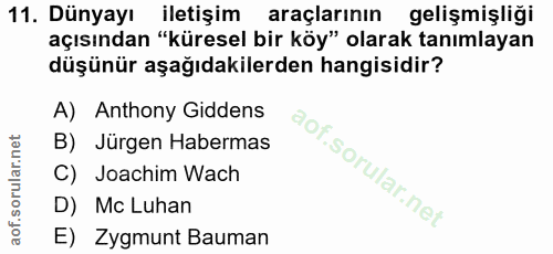 11. soru: Dünyayı iletişim araclarının gelişmişliği açısından "küresel bir köy" olarak tanımlayan düşünür aşağıdakilerden hangi…