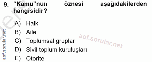 9. soru: "Kamu"nun öznesi aşağıdakilerden hangisidir? A) Halk B) Aile C) Toplumsal gruplar D) Sivil toplum kuruluşları E) Otorite