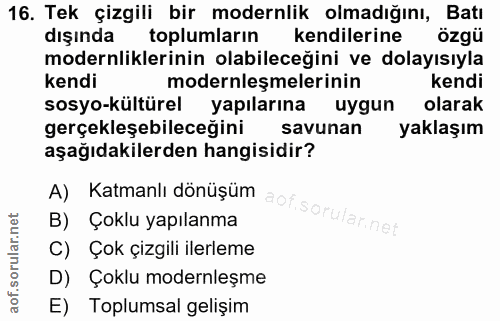 16. soru: Tek çizgili bir modernlik olmadığını, Batı dışında toplumların kendilerine özgü modernliklerinin olabileceğini ve dol…