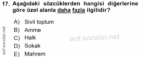17. soru: Aşağıdaki sözcüklerden hangisi diğerlerine göre özel alanla daha fazla ilgilidir? A) Sivil toplum B) Amme C) Halk D)…