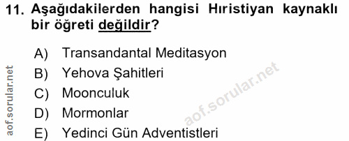 11. soru: Aşağıdakilerden hangisi Hıristiyan kaynaklı bir öğreti değildir? A) Transandantal Meditasyon B) Yehova Şahitleri llar…