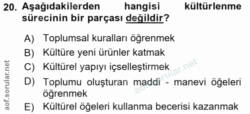 20. soru: Aşağıdakilerden hangisi kültürlenme sürecinin bir parçası değildir? A) Toplumsal kuralları öğrenmek B) Kültüre yeni ü…