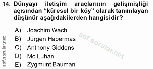 14. soru: Dünyayı iletişim araçlarının gelişmişliği açısından "küresel bir köy" olarak tanımlayan düşünür aşağıdakilerden hangi…