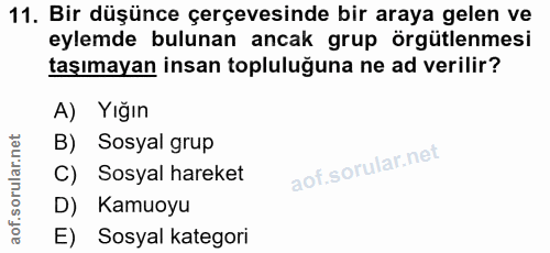 11. soru: Bir düşünce çerçevesinde bir araya gelen ve eylemde bulunan ancak grup örgütlenmesi taşımayan insan topluluğuna ne ad…