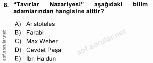 8. soru: "Tavırlar Nazariyesi" aşağıdaki bilim adamlarından hangisine aittir? A) Aristoteles B) Farabi C) Max Weber D) Cevdet…