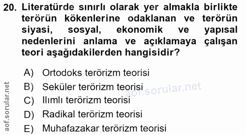 20. soru: Literatürde sınırlı olarak yer almakla birlikte terörün kökenlerine odaklanan ve terörün siyasi, sosyal, ekonomik ve…
