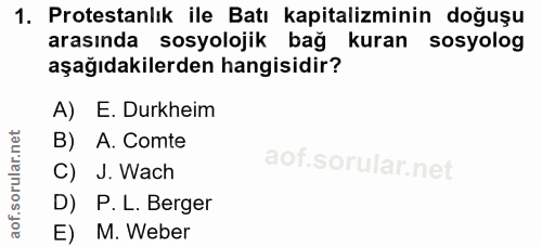 1. soru: Protestanlık ile Batı kapitalizminin doğuşu arasında sosyolojik bağ kuran sosyolog aşağıdakilerden hangisidir? A) E.…