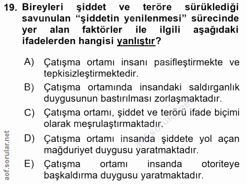 19. soru: Bireyleri şiddet ve teröre sürüklediği savunulan "şiddetin yenilenmesi" sürecinde yer alan faktörler ile ilgili aşağı…