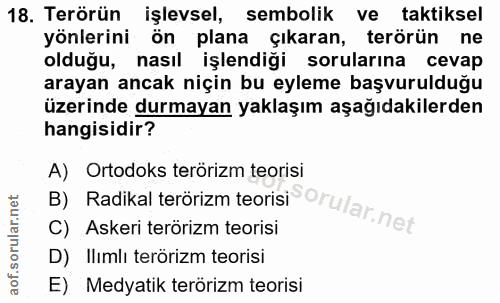 18. soru: Terörün işlevsel, sembolik ve taktiksel yönlerini ön plana çıkaran, terörün ne olduğu, nasıl işlendiği sorularına cev…