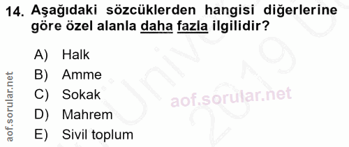 14. soru: Aşağıdaki sözcüklerden hangisi diğerlerine göre özel alanla daha fazla ilgilidir? A) Halk B) Amme C) Sokak D) Mahrem…