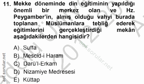 11. soru: Mekke döneminde din eğitiminin yapıldığı önemli bir merkez olan ve Hz. Peygamber'in, almış olduğu vahyi burada toplan…