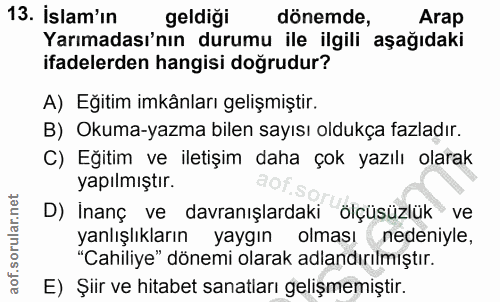 13. soru: İslam'ın geldiği dönemde, Arap Yarımadası'nın durumu ile ilgili aşağıdaki ifadelerden hangisi doğrudur? A) Eğitim imk…