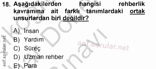 18. soru: Aşağıdakilerden hangisi rehberlik kavramına ait farklı tanimlardaki ortak unsurlardan biri değildir? A) Insan B) Yard…