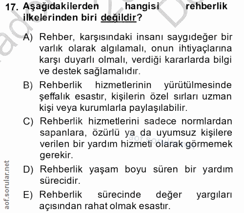 17. soru: Aşağıdakilerden hangisi rehberlik ilkelerinden biri değildir? A) Rehber, karşısındaki insanı saygıdeğer bir varlık ol…
