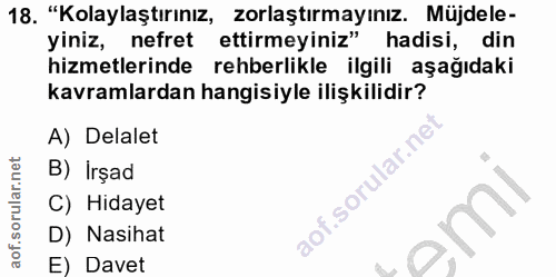18. soru: "Kolaylaştırınız, zorlaştırmayınız. Müjdele- yiniz, nefret ettirmeyiniz" hadisi, din hizmetlerinde rehberlikle ilgili…