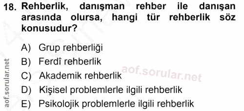 18. soru: Rehberlik, danışman rehber ile danışan arasında olursa, hangi tür rehberlik söz konusudur? A) Grup rehberliği B) Ferd…