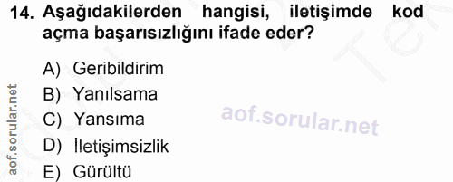 14. soru: Aşağıdakilerden hangisi, iletişimde kod açma başarısızlığını ifade eder? A) Geribildirim B) Yanılsama C) Yansıma D) I…