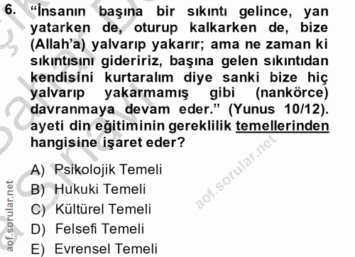 6. soru: "İnsanın başına bir sıkıntı gelince, yan yatarken de, oturup kalkarken de, bize (Allah'a) yalvarıp yakarır; ama ne za…