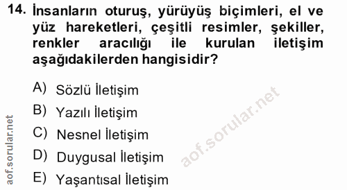 14. soru: Insanların oturuş, yürüyüş biçimleri, el ve yüz hareketleri, çeşitli resimler, şekiller, renkler aracılığı ile kurula…