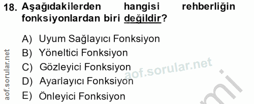18. soru: Aşağıdakilerden hangisi rehberliğin fonksiyonlardan biri değildir? A) Uyum Sağlayıcı Fonksiyon B) Yöneltici Fonksiyon…