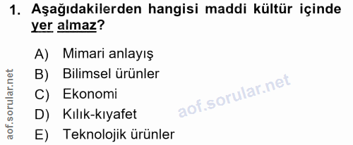 1. soru: Aşağıdakilerden hangisi maddi kültür içinde yer almaz? A) Mimari anlayış B) Bilimsel ürünler C) Ekonomi D) Kılık-kıya…