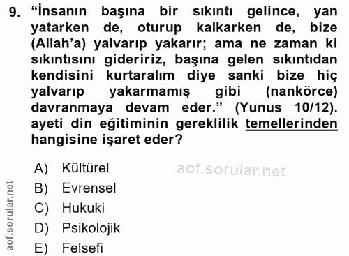 9. soru: "İnsanın başına bir sıkıntı gelince, yan yatarken de, oturup kalkarken de, bize (Allah'a) yalvarıp yakarır; ama ne za…