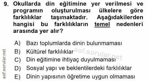 9. soru: Okullarda din eğitimine yer verilmesi ve programın oluşturulması ülkelere göre farklılıklar taşımaktadır. Aşağıdakile…