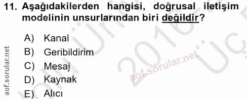 11. soru: Aşağıdakilerden hangisi, doğrusal iletişim modelinin unsurlarından biri değildir? A) Kanal B) Geribildirim l C) Mesaj…