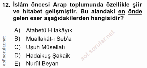 12. soru: İslâm öncesi Arap toplumunda özellikle şiir ve hitabet gelişmiştir. Bu alandaki en önde gelen eser aşağıdakilerden ha…
