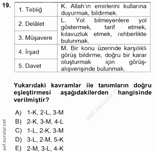 19. soru: K. Allah'ın emirlerini kullarına 1. Tebliğ duyurmak, bildirmek. 2. Delâlet L. Yol bilmeyenlere yol göstermek, tarif e…